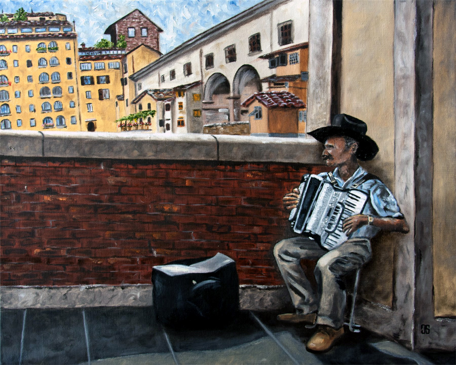 Oil painting "A Florentine Accordionist" by Jeffrey Dale Starr