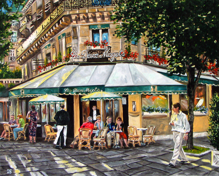 Oil painting "Sunset in Paris at Les Deux Magots" by Jeffrey Dale Starr