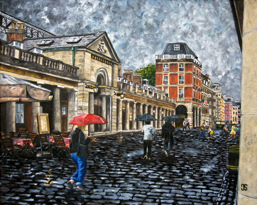 Oil painting "Rainy Afternoon in Covent Garden" by Jeffrey Dale Starr